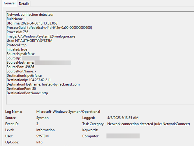 Снимок экрана события Sysmon, показывающий, что winlogon.exe пытается исходящее соединение через порт 80